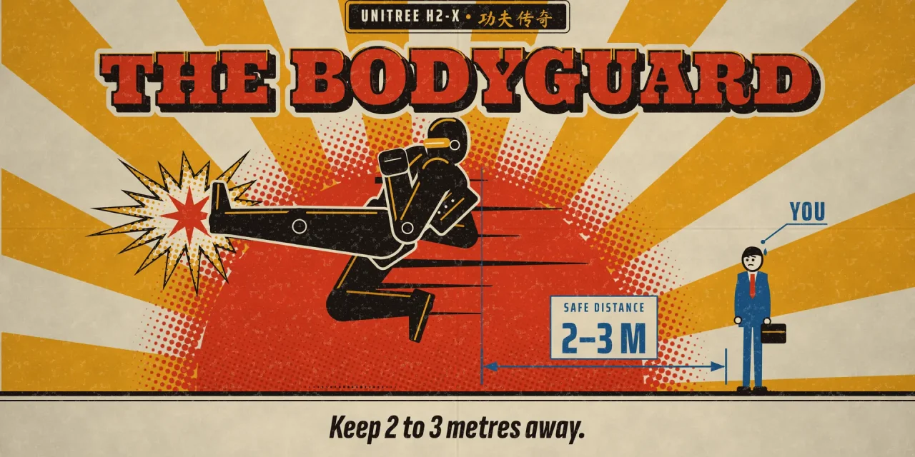 1970s kung fu movie poster: black humanoid robot in a flying kick, small figure YOU at a safe distance of 2 to 3 metres