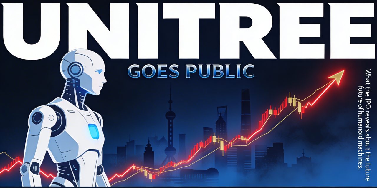 Sleek humanoid robot with a rising stock market graph representing Unitree's IPO and the future of robotics.