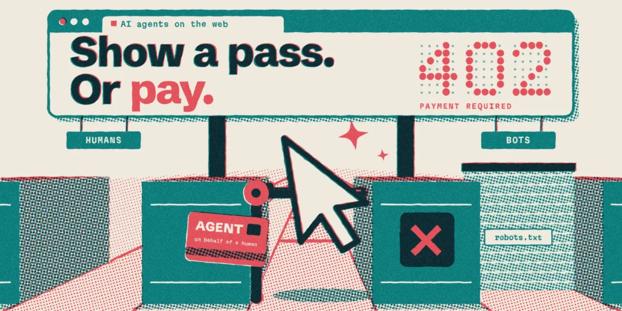 An AI agent's mouse cursor hits a turnstile under a browser screen showing 402, beside open human and closed bot lanes.